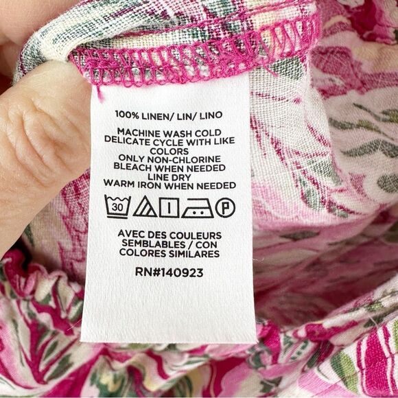 LOFT Beach Palm Tie Front Linen Pink Floral Print 3/4 Puff Sleeve Romper, Size M - Picture 12 of 15
